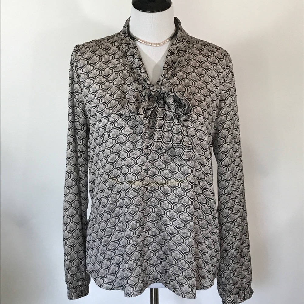 LOFT Grey black blouse with tie size M
